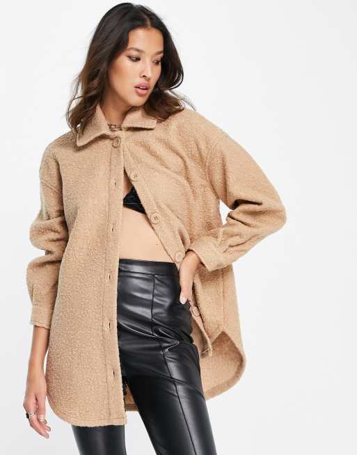 Only - Camicia giacca oversize in peluche color sabbia