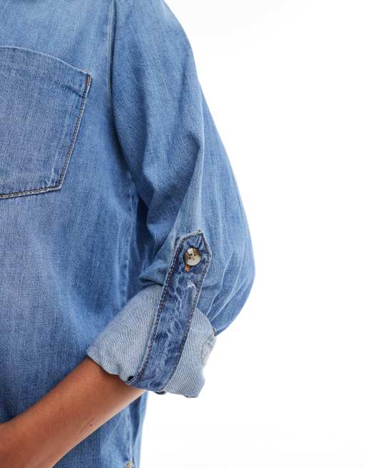 ONLY - Camicia in denim blu medio con bottoni, 2 di 4