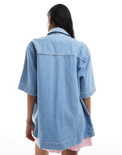ONLY - Camicia oversize a maniche corte azzurra con tasche sul davanti, 2 di 4