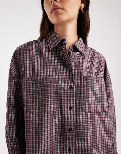 ONLY - Camicia oversize a quadri bordeaux, 3 di 4