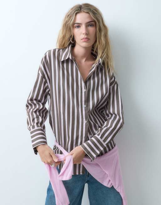 ONLY camicia oversize a righe marroni e rosa, 2 di 4