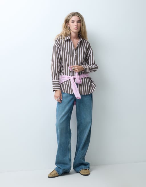 ONLY camicia oversize a righe marroni e rosa, 3 di 4
