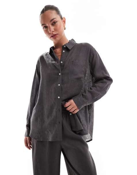 ONLY - Camicia oversize grigia in misto lino in coordinato - view 1