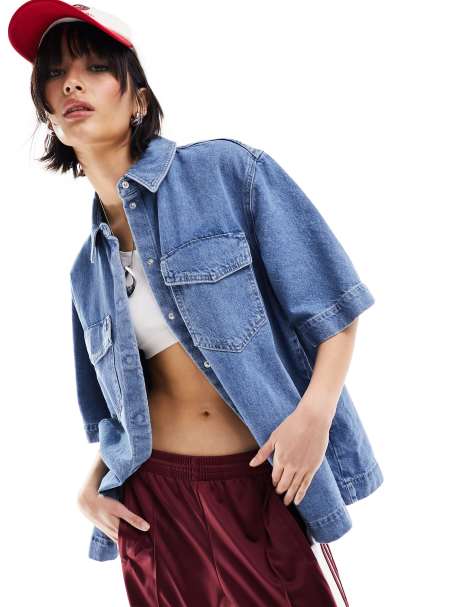 Only - Camicia oversize in denim blu medio con tasca - view 1
