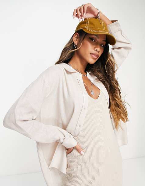 Only - Camicia oversize in lino beige in coordinato - view 1
