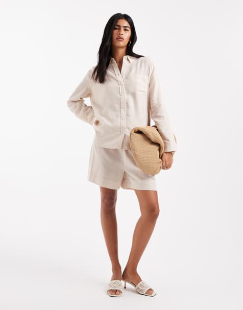 ONLY - Camicia oversize in misto lino beige in coordinato - view 1