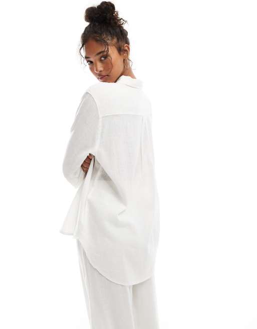 ONLY - Camicia oversize in misto lino bianco in coordinato , 4 di 4