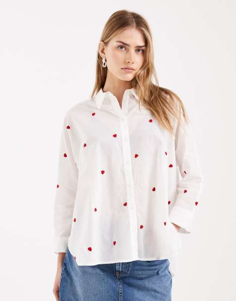 ONLY - Camicia squadrata bianca con cuori ricamati - view 1