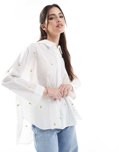 ONLY - Camicia squadrata bianca con limone ricamato - view 1