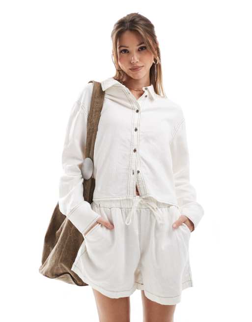 ONLY - Camicia taglio corto bianca in misto lino con cuciture a contrasto in coordinato