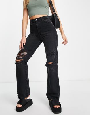 Only - Camile - Jeans in Schwarz mit zerrissenen Knien und weitem Bein