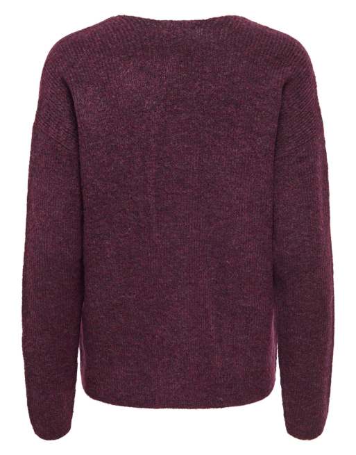 ONLY Camilla maglione lavorato a maglia a coste con scollo a V e spalle scese viola, 7 di 7