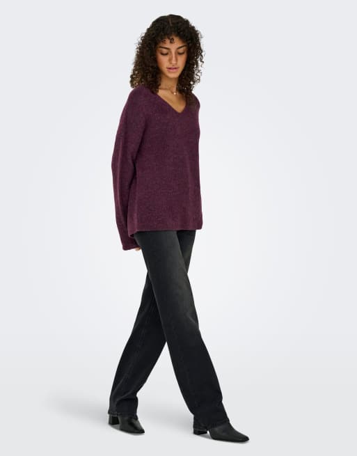ONLY Camilla ribbed v-neck knitted drop shoulder jumper in purple, 3 of 7