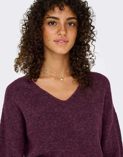ONLY Camilla ribbed v-neck knitted drop shoulder jumper in purple, 5 of 7