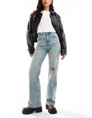 ONLY - Camille - Zerrissene Jeans in hellem Mittelblau mit weitem Schnitt und hohem Bund