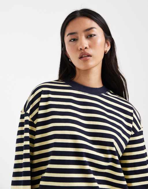 ONLY - Camiseta extragrande a rayas amarillas y azul marino de manga larga, 3 de 4