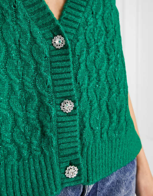Only - Canotta in maglia a trecce verde acceso con bottoni in cristallo, 3 di 4