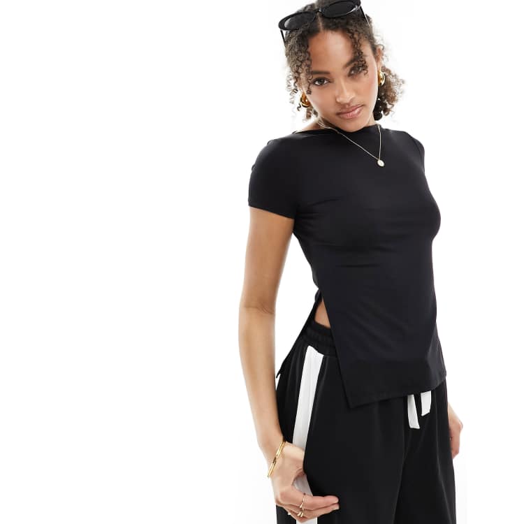 ONLY cap sleeve longline tee with side split in black