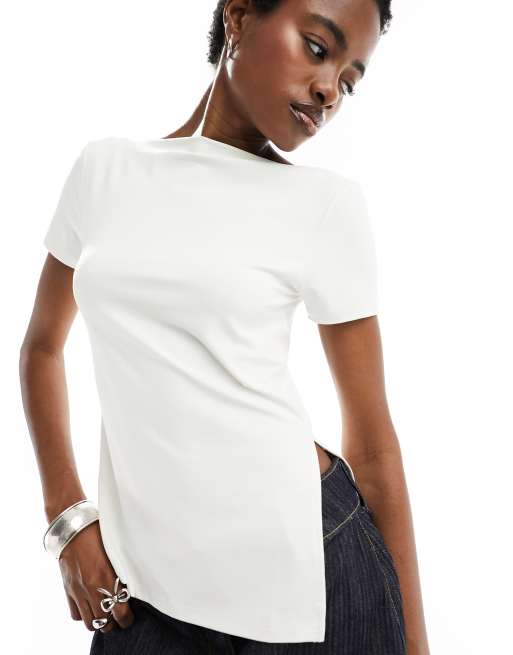 WOMEN'S SLIT SHORT SLEEVE TOP, Oyster Grey, T-Shirts & Tops