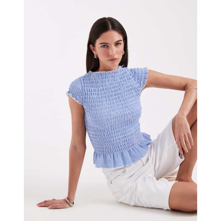 ONLY cap sleeve top with ruffle trim in blue gingham | ASOS