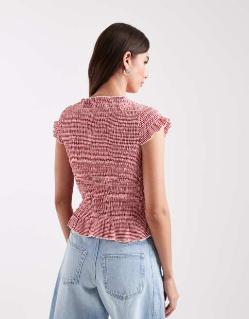 ONLY cap sleeve top with ruffle trim in red gingham, 4 of 4