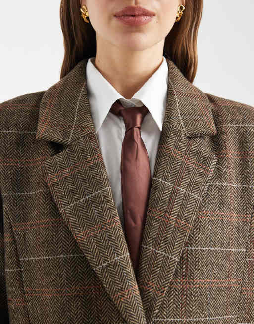 ONLY - Cappotto blazer a quadri marrone chiaro, 3 di 4