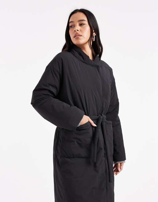 ONLY - Cappotto lungo nero allacciato in vita, 4 di 4