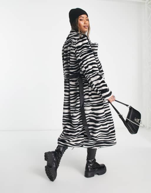 Only - Cappotto taglio lungo in pelliccia sintetica zebrato con cintura, 2 di 4