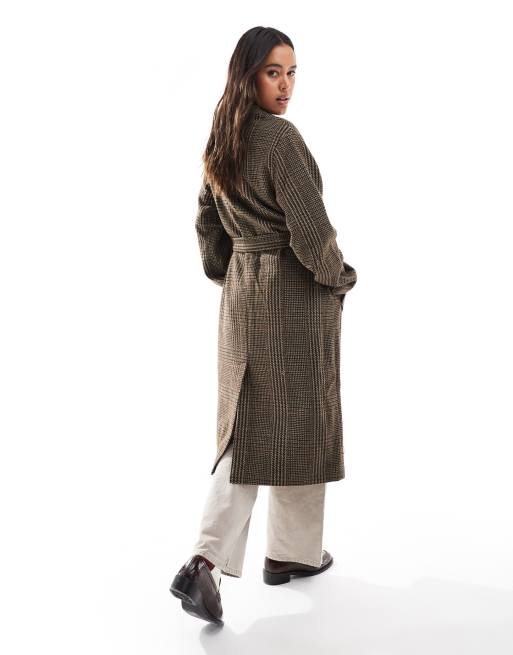ONLY Cappotto taglio lungo marrone a quadri con cintura ASOS