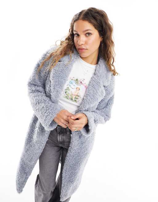 Only - Cappotto taglio lungo morbido effetto peluche blu pallido 