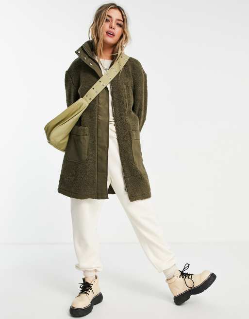 Only - Cappotto teddy taglio lungo kaki