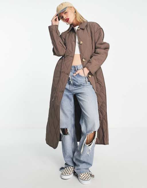 Only - Cappotto trapuntato marrone cioccolato taglio lungo