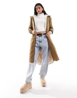 Only - Cappotto trapuntato taglio lungo con cappuccio effetto teddy color cammello  
