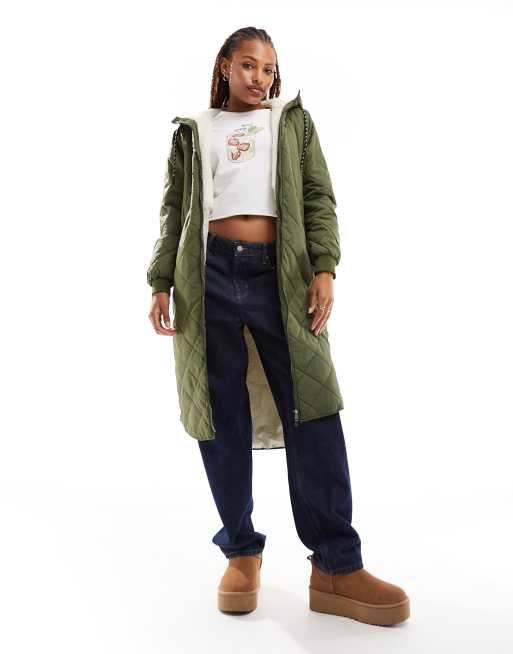 Only - Cappotto trapuntato taglio lungo con cappuccio effetto teddy kaki  