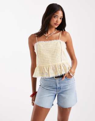 Caraco court en broderie anglaise avec finitions en dentelle - Citron vichy-Jaune 42