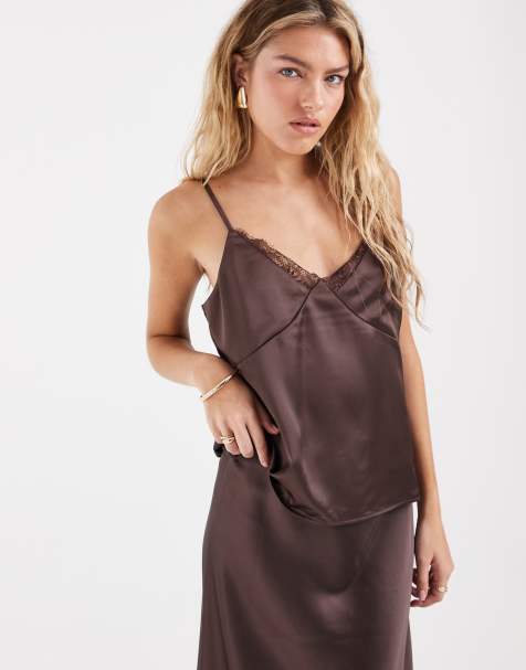 ONLY - Caraco d'ensemble en satin avec détails en dentelle - Marron - view 1