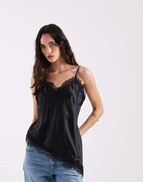 Only - Caraco en satin avec ourlet asymétrique en dentelle - Noir - view 1