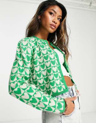 Only Cardigan In Green Heart Print | ModeSens