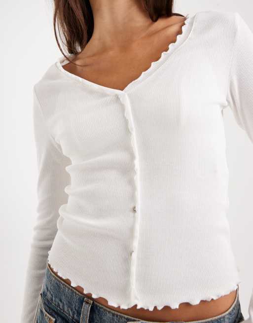 ONLY - Cardigan in maglia a coste bianco con bordi ondulati, 2 di 4