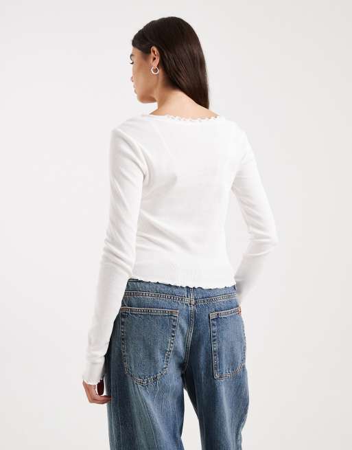 ONLY - Cardigan in maglia a coste bianco con bordi ondulati, 4 di 4