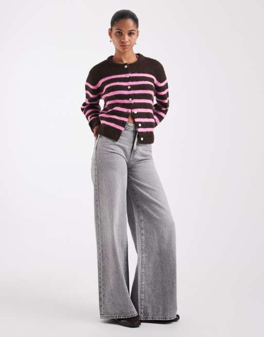 ONLY cardigan in maglia a righe rosa e marrone, 3 di 4