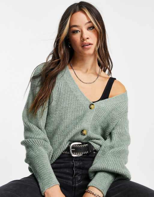 Only - Cardigan in maglia con maniche a palloncino, colore verde