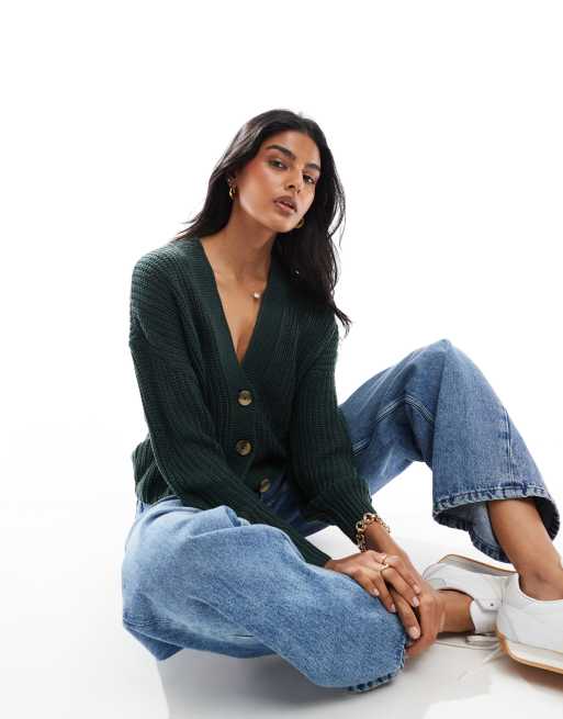 ONLY - Cardigan in maglia verde scuro , 2 di 4