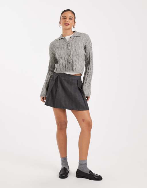 ONLY - Cardigan lavorato a maglia a trecce grigio con colletto, 2 di 4