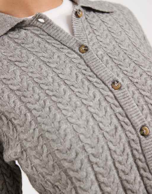 ONLY - Cardigan lavorato a maglia a trecce grigio con colletto, 3 di 4