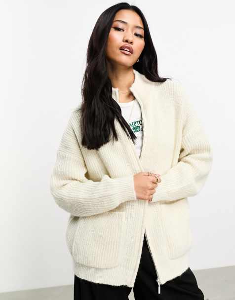 Only - Cardigan soffice crema a coste con tasca e zip - view 1