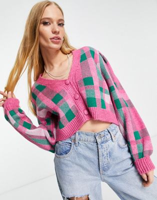 Only textured cardigan in pink and green check - ASOS Price Checker