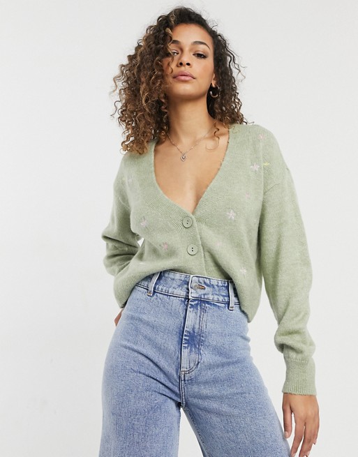 Only cardigan with floral embroidery in sage green