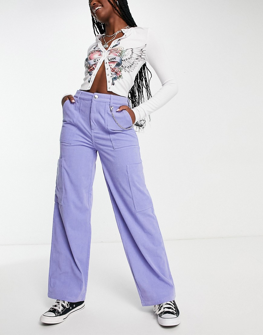 Only chain detail high waisted cord cargo trousers in purple