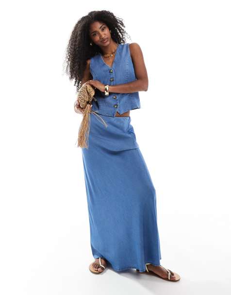 ONLY chambray denim maxi skirt co-ord in mid blue - view 1